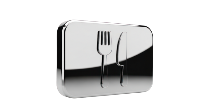 Silver Restaurant Icon with Fork and Knife on Rounded Square. - Powered by Adobe