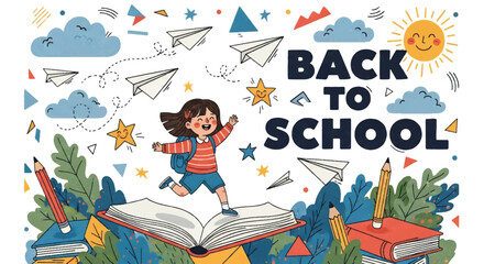 Adobe illustrator artwork vector illustration. Two happy children, one holding an "A+" paper and another reading a book, celebrate "Back to School" with educational elements