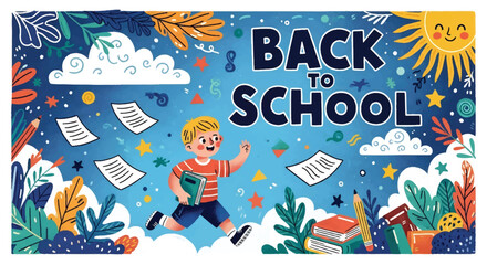 Obraz premium Adobe illustrator artwork vector illustration. A joyful boy with a backpack and book runs towards 