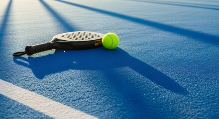 Padel racket and ball resting on a vibrant blue court in the bright morning sunlight creating long dramatic shadows