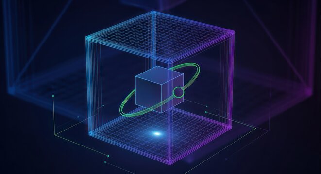 Futuristic holographic rendering of cubes, orbit, and lines on a dark blue background