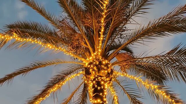 A stunning palm tree elegantly wrapped in twinkling lights illuminates the beautiful evening sky around it