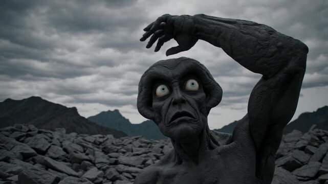 A low-angle video shot of a surreal, muscular creature on rocky terrain under a cloudy sky, creating an eerie and dramatic atmosphere.