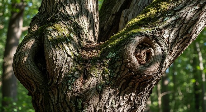 Closeup of a tree trunk with intricate bark texture.