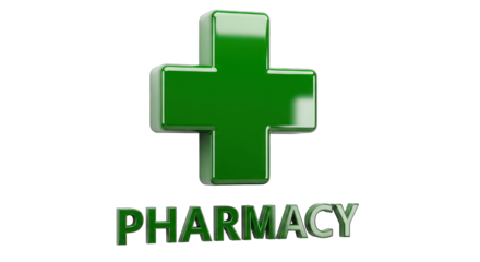 Green Pharmacy Cross Symbol with Text.