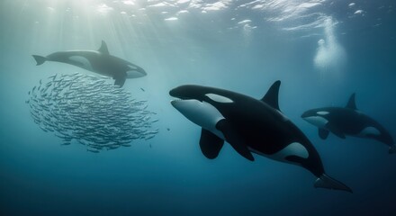 Fototapeta premium Underwater realm of killer whales pursuing a school of fish in their natural habitat