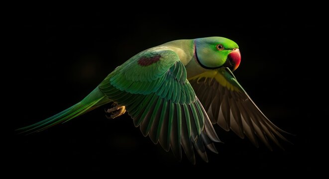 Emerald skies a rose-ringed parakeet's vibrant dance against the inky canvas of night flight