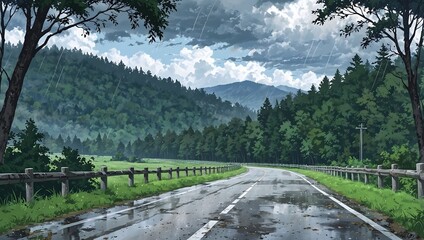 Anime style road with green trees, mountains, and a rainy sky
