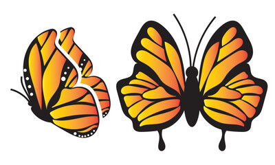 Orange and black monarch butterfly icon. Two detailed illustrations of monarch butterflies with orange and black patterned wings, symbolizing transformation, beauty, and nature.
