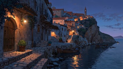 Moonlit Coastal Village Illustration at Dusk
