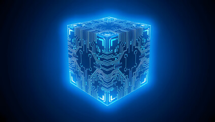 Abstract digital cube design with glowing blue circuit patterns on a dark background