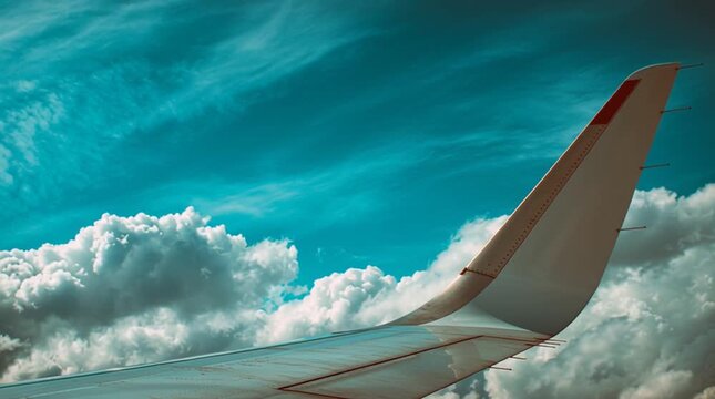 Airplane wing against a cloudy blue sky on a sunny day during flight travel and transportation view