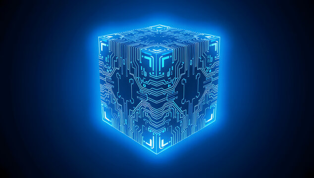 Abstract digital cube design with glowing blue circuit patterns on a dark background