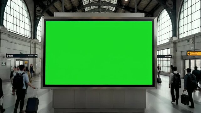 Large Green Screen Digital Billboard in Busy Train Station with Blurred Commuters, Ready for Advertising or Information Mock-up