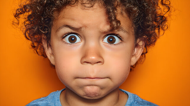 A young child with an expressive face, showing confusion and curiosity, looking directly at the camera with wide eyes and raised eyebrows against a vibrant orange background. 