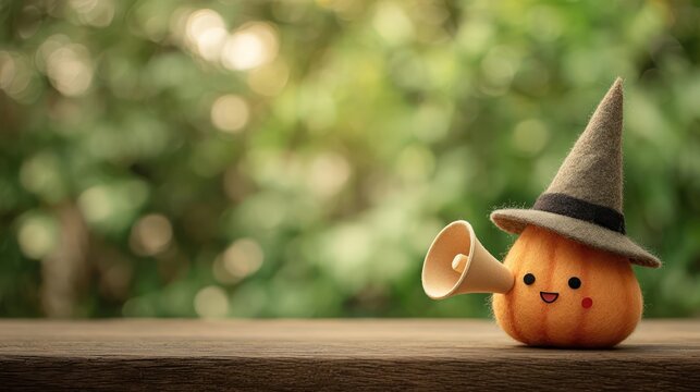 Adorable tiny pumpkin character with witch hat and megaphone shouting joyfully for Halloween fun outdoors