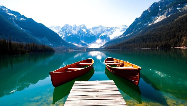 Tranquil serenity red canoes docked on a calm mountain lake reflecting majestic peaks