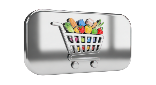 Metallic Shopping Cart Icon with Colorful Groceries Illustration.