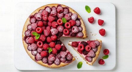 Delicious Raspberry Tart on White Board.