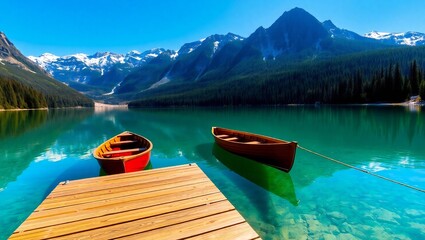 Tranquil mountain lake dock with boats and snow-capped peaks majestic alpine scenery