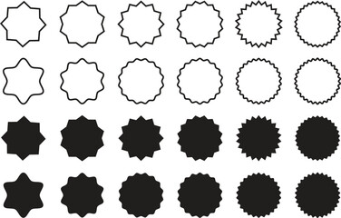 Starburst stickers icon set. Black starburst label shape for promo, sale, price offer badges isolated on transparent background. Special offer price tag, promotional labels vector illustration.
