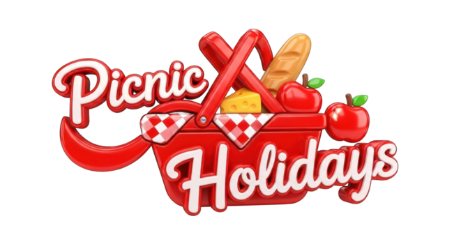 Red Picnic Basket with Picnic Holidays Text and Food.