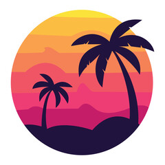 A retro style logo of two palm trees silhouetted against a colorful sunset, ideal for a tropical brand or travel agency