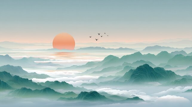 A picturesque mountain landscape at dawn with a rising sun, foggy valleys, and birds flying in the clear sky.