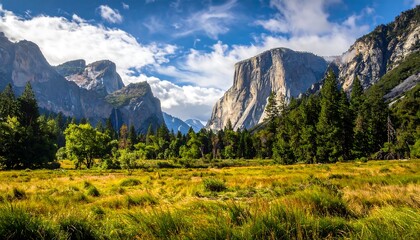Fototapeta premium A vast meadow stretches beneath towering granite peaks, a stunning landscape of natural beauty under a vibrant sky.