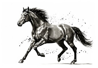Dynamic Black and White Horse Running in Artistic Style with Splash Effects