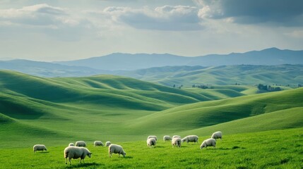 Sheep grazing on a grassy hill