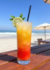 A refreshing tropical drink with a lime slice sits on a wooden table by the beach with clear blue skies drink, umbrella, cocktail, summer 