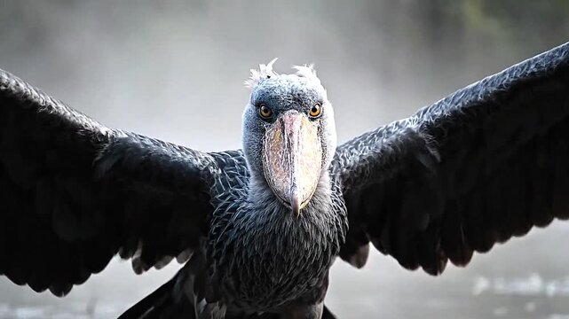 Close-up cinematic shot of shoebill wings spreading wide in swamp mist