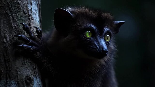 Close-up of aye-aye gripping tree with eerie glowing eyes in moonlight