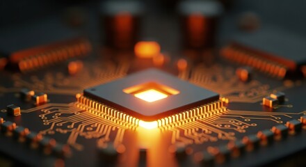 Illuminated microchip on a circuit board symbolizing technological advancement and innovation