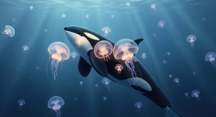 Whimsical underwater scene featuring an orca surrounded by ethereal glowing jellyfish