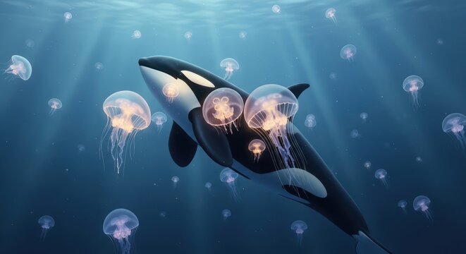 Whimsical underwater scene featuring an orca surrounded by ethereal glowing jellyfish