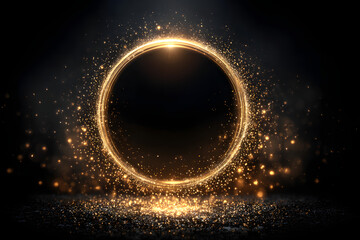 Gold glitter circle of light shine sparkles and golden spark particles in circle frame on black background. Christmas magic stars glow, firework confetti of glittery ring shimmer