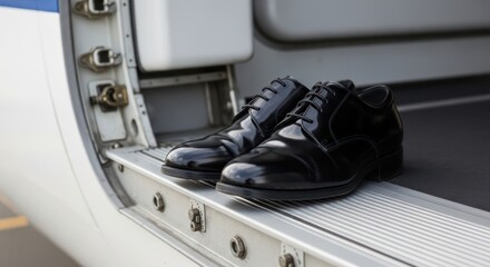 Black shoes on aircraft steps symbolizing travel readiness and sophisticated style