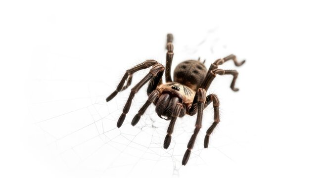 Detailed close-up of a formidable tarantula spider showcasing its intricate web and menacing