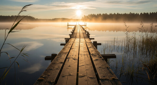 wooden pier on a quiet lake