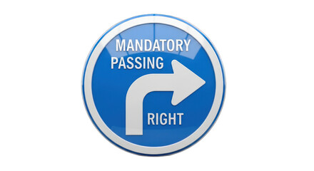Mandatory Passing Right Turn Sign with Blue Background and White Arrow.