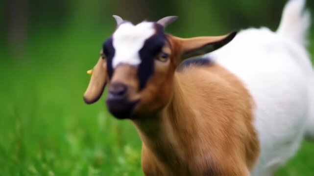 Young Goat Standing in a Lush Green Field on a Sunny Day.