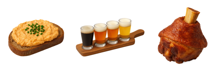 Craft beer flight sampler PNG, traditional Bavarian snack set featuring roasted pork knuckle, cheese rye bread with chives, and four-glass craft beer tasting tray, isolated for culinary design