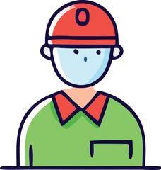 Simple cartoon character icon of a construction worker wearing a hard hat and green uniform with red collar for industrial and safety concepts