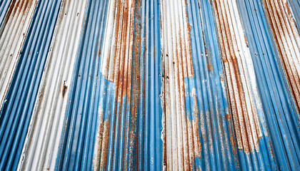Angled view of weathered corrugated metal with peeling blue and white paint and rust streaks