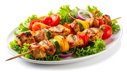 Grilled chicken and vegetable skewers, garnished with fresh greens, served on a white plate.