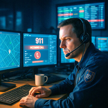 Focused 911 Emergency Dispatcher in Action, Crisis Response Operator in High-Tech Call Center with Headset