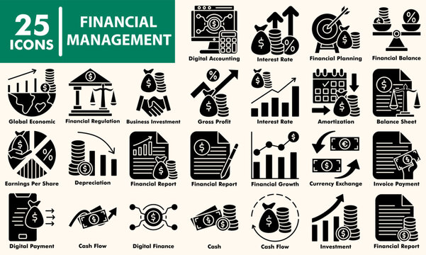Financial management icon set. Including accounting, cash flow, investment, business planning, financial
growth, digital payment, and currency exchange symbols.