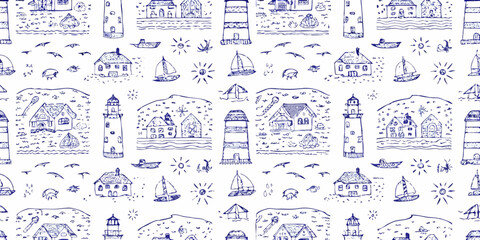 Charming blue ink hand drawn doodle seamless pattern of lighthouses houses sailboats and seagulls